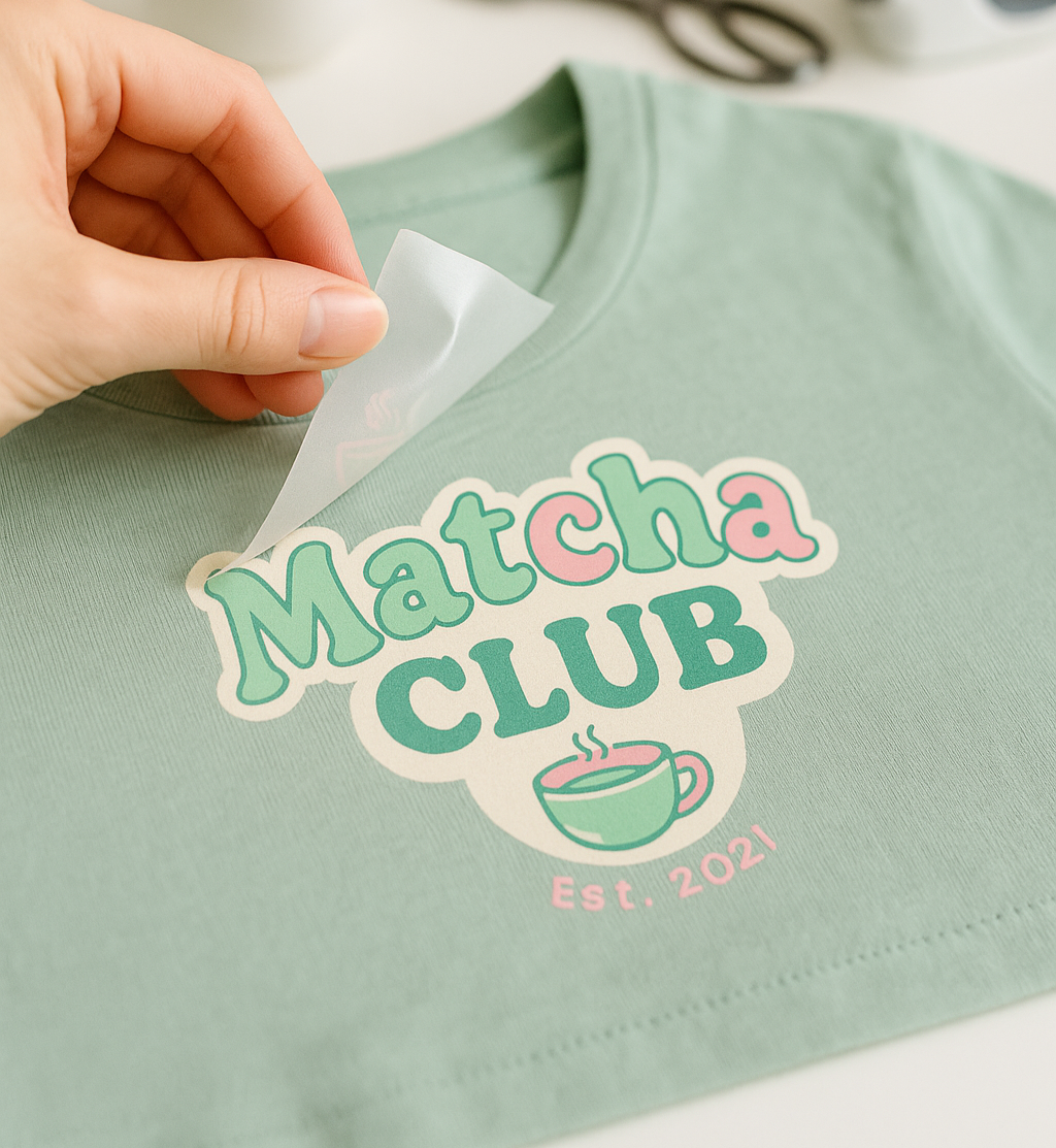 Hand applying a 'Matcha Club' sticker to a green t-shirt on a light background.