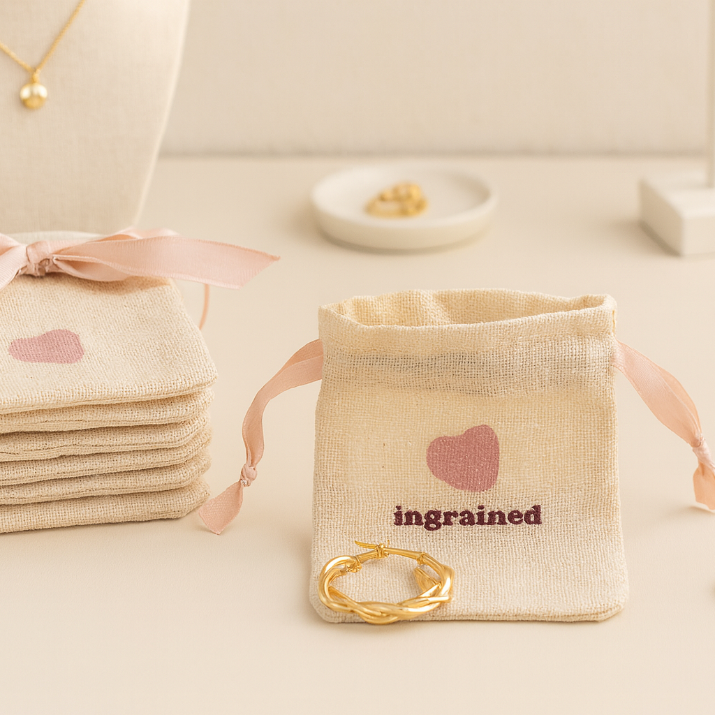 Beige jewelry bags with pink ribbons and 'ingraind' branding on a light background.
