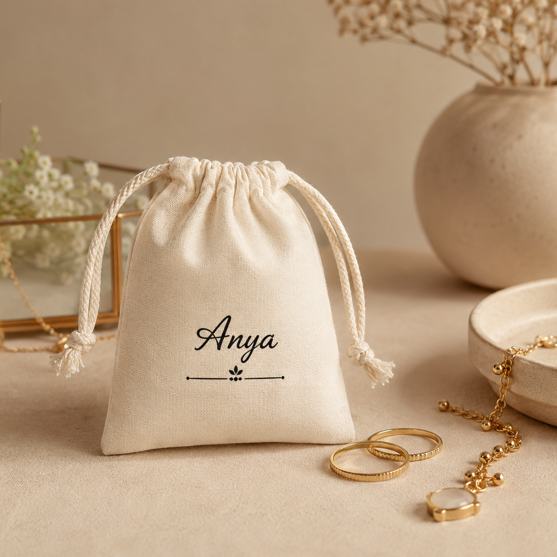 Beige drawstring bag with 'Anya' branding, gold rings, and jewelry on a neutral background